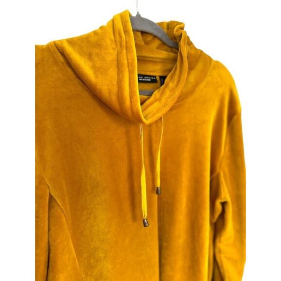 Susan Graver Weekend Large Mustard Yellow Velour Drawstring Cowl Neck Top Tunic - Picture 2 of 6